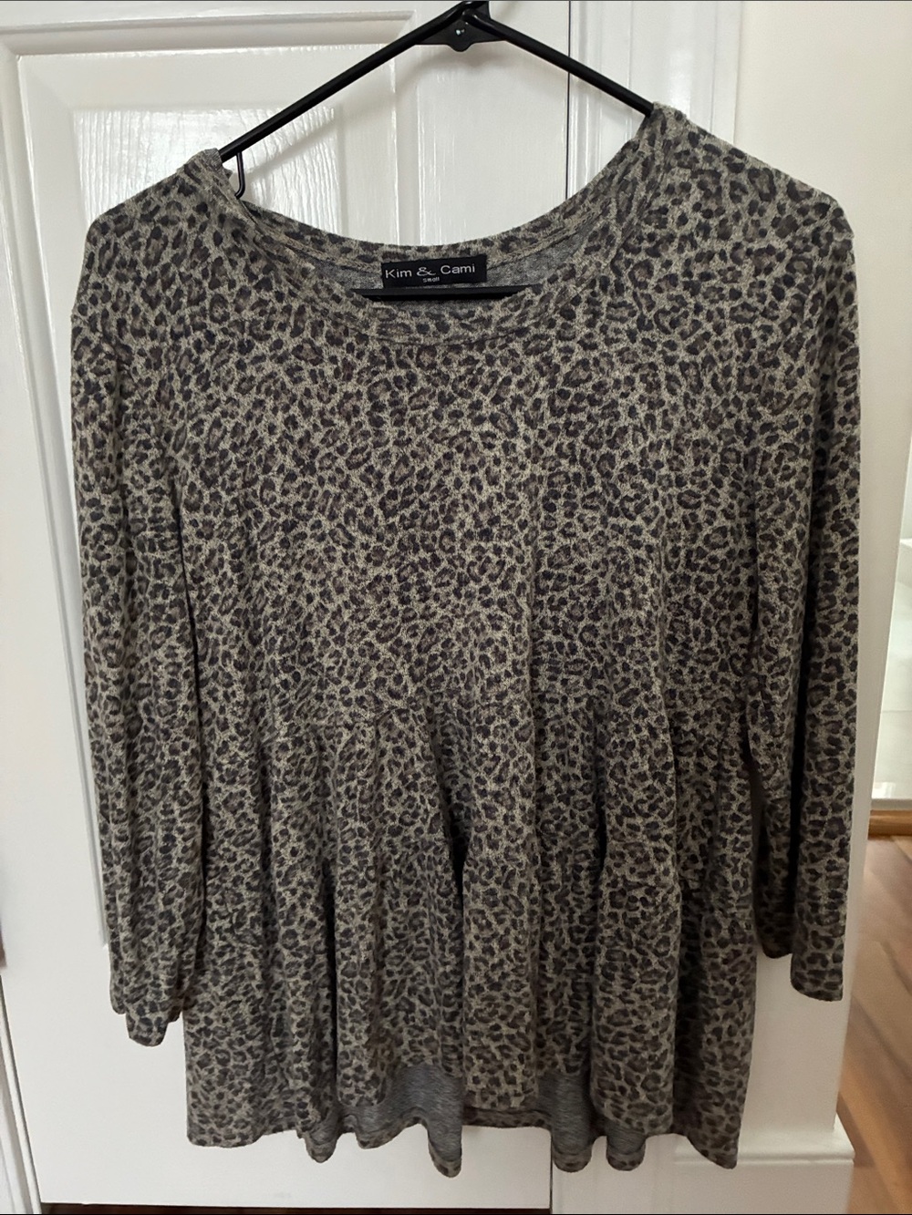 Kim & Cami Olive Leopard Print Peplum Long Sleeve Top